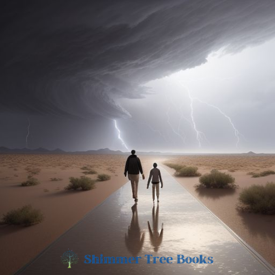 Father walking with his son through the desert into a storm - clicking graphic leads to the purchase page for Singularity by Theophilus on Amazon.com.